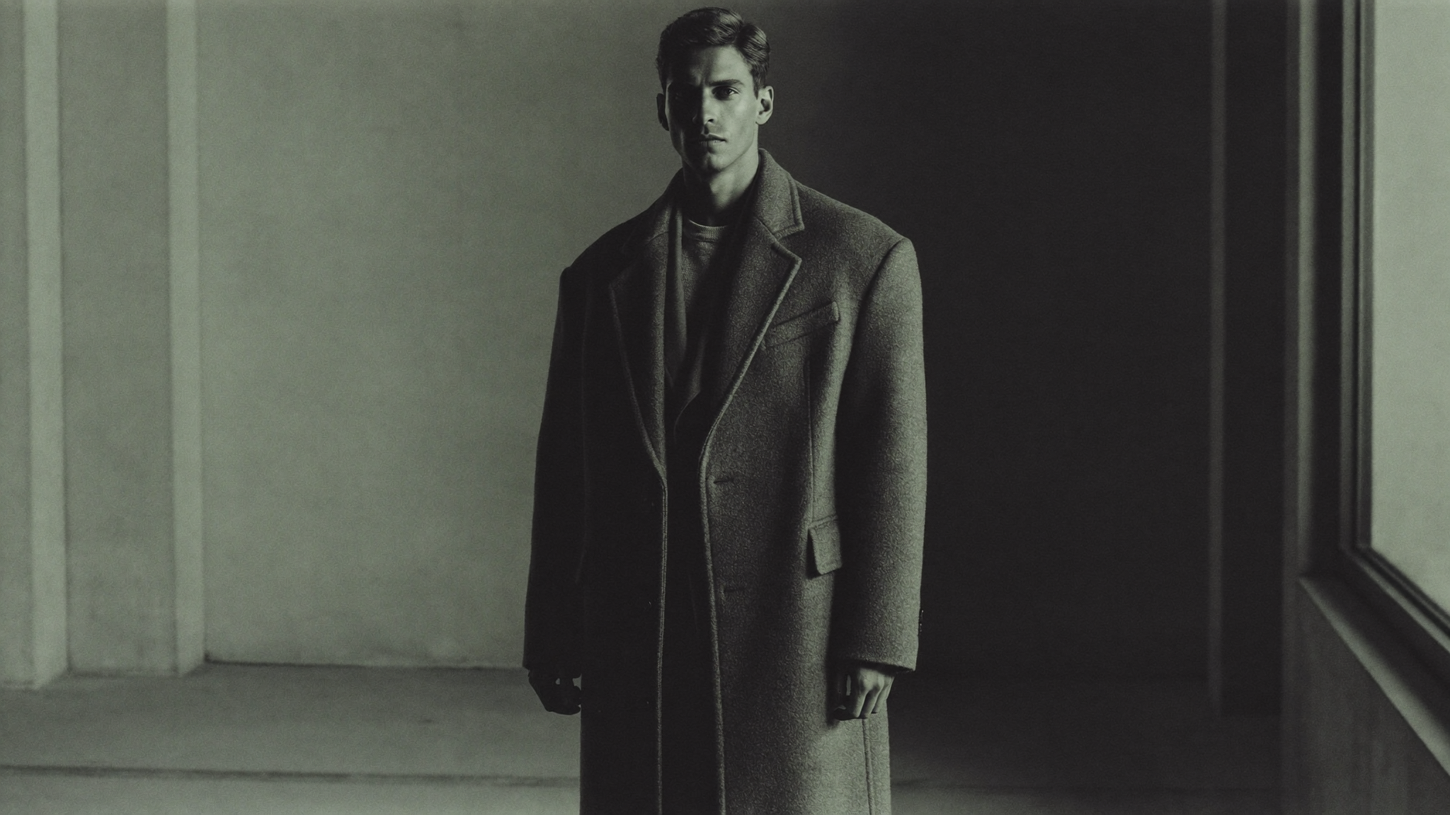 THE MODERN DAY — a model in a heavy wool overcoat, editorial campaign image